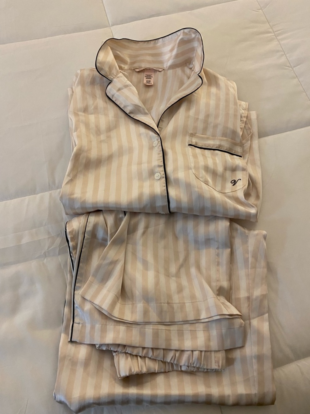 Victoria's Secret Beige and Black-Trim Striped Kids Pajama Set